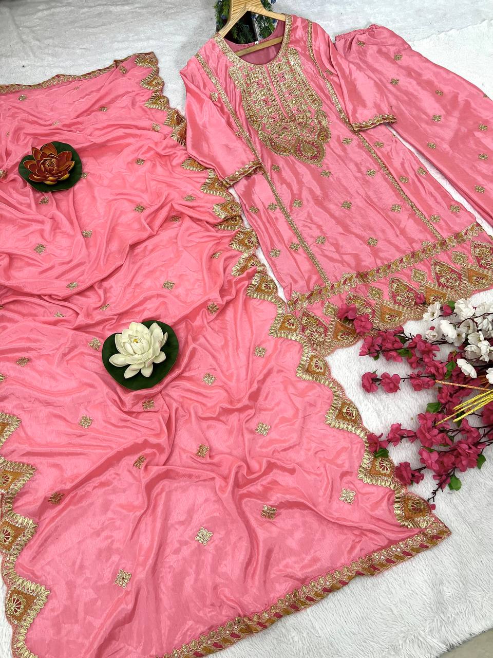 Heavy Pure Chinon Silk Embroidered Kurti Pant Set with Dupatta (Fully Stitched | Real Mirror & Sequin Work)