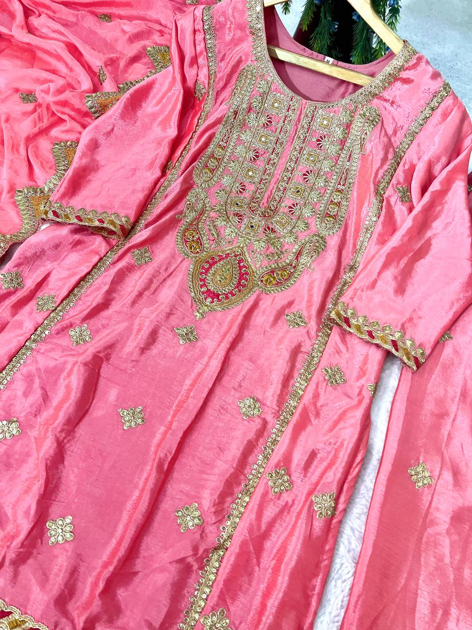 Heavy Pure Chinon Silk Embroidered Kurti Pant Set with Dupatta (Fully Stitched | Real Mirror & Sequin Work)