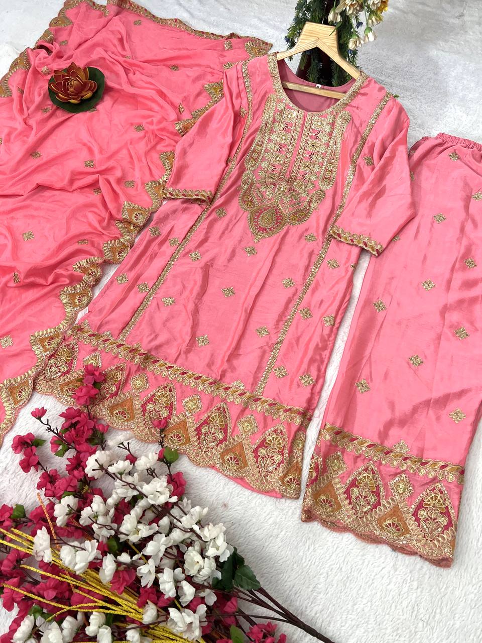 Heavy Pure Chinon Silk Embroidered Kurti Pant Set with Dupatta (Fully Stitched | Real Mirror & Sequin Work)