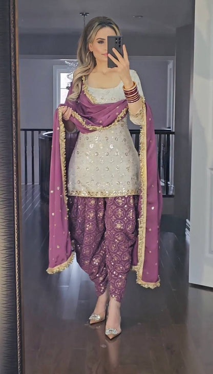 Designer Faux Georgette Dhoti Salwar Suit Set with Sequins Embroidery & Dupatta Fully Stitched Party & Festive Wear for Women