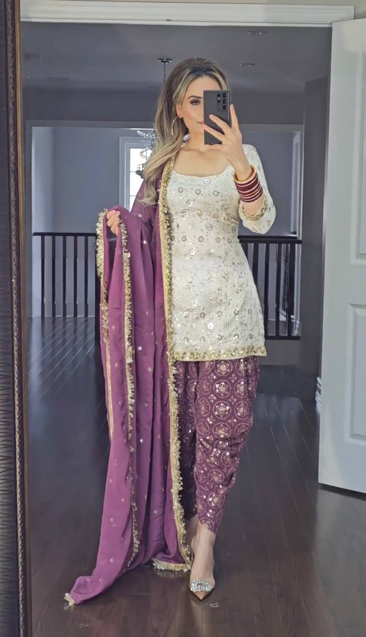 Designer Faux Georgette Dhoti Salwar Suit Set with Sequins Embroidery & Dupatta Fully Stitched Party & Festive Wear for Women