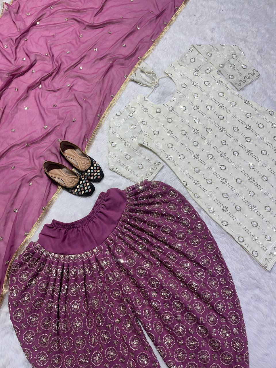 Designer Faux Georgette Dhoti Salwar Suit Set with Sequins Embroidery & Dupatta Fully Stitched Party & Festive Wear for Women