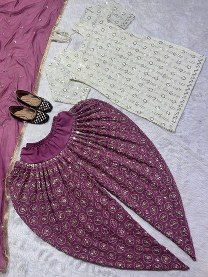 Designer Faux Georgette Dhoti Salwar Suit Set with Sequins Embroidery & Dupatta Fully Stitched Party & Festive Wear for Women
