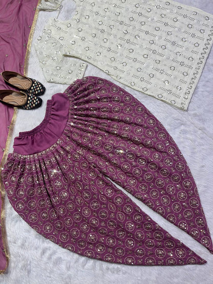 Designer Faux Georgette Dhoti Salwar Suit Set with Sequins Embroidery & Dupatta Fully Stitched Party & Festive Wear for Women