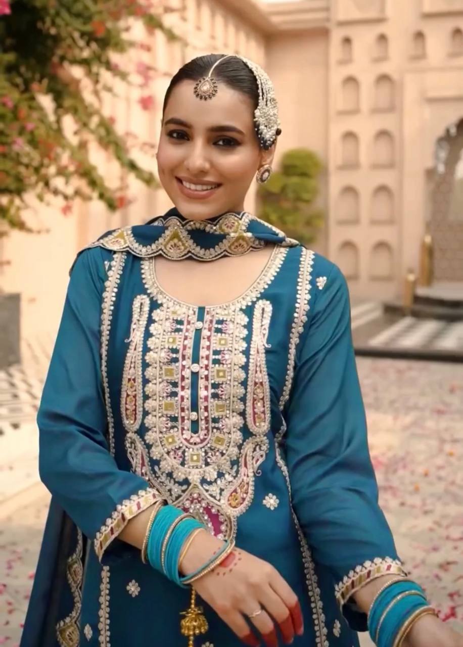 Heavy Pure Chinon Silk Embroidered Kurti Pant Set with Dupatta (Fully Stitched | Real Mirror & Sequin Work)