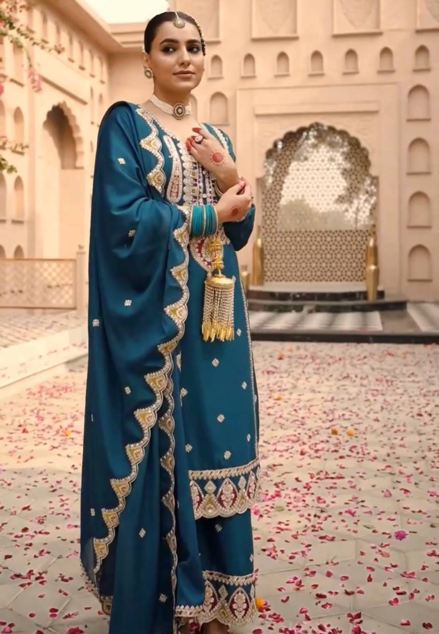 Heavy Pure Chinon Silk Embroidered Kurti Pant Set with Dupatta (Fully Stitched | Real Mirror & Sequin Work)