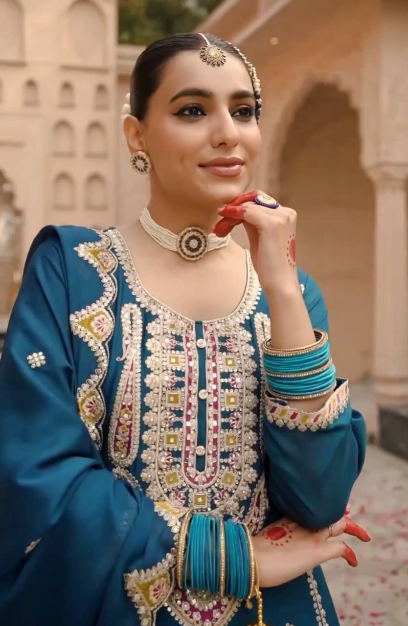 Heavy Pure Chinon Silk Embroidered Kurti Pant Set with Dupatta (Fully Stitched | Real Mirror & Sequin Work)