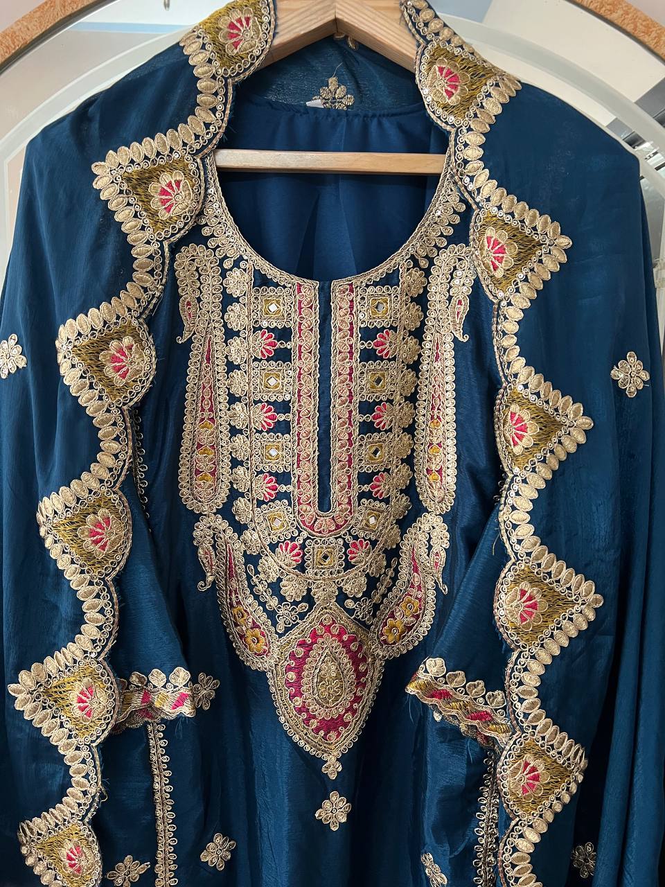 Heavy Pure Chinon Silk Embroidered Kurti Pant Set with Dupatta (Fully Stitched | Real Mirror & Sequin Work)