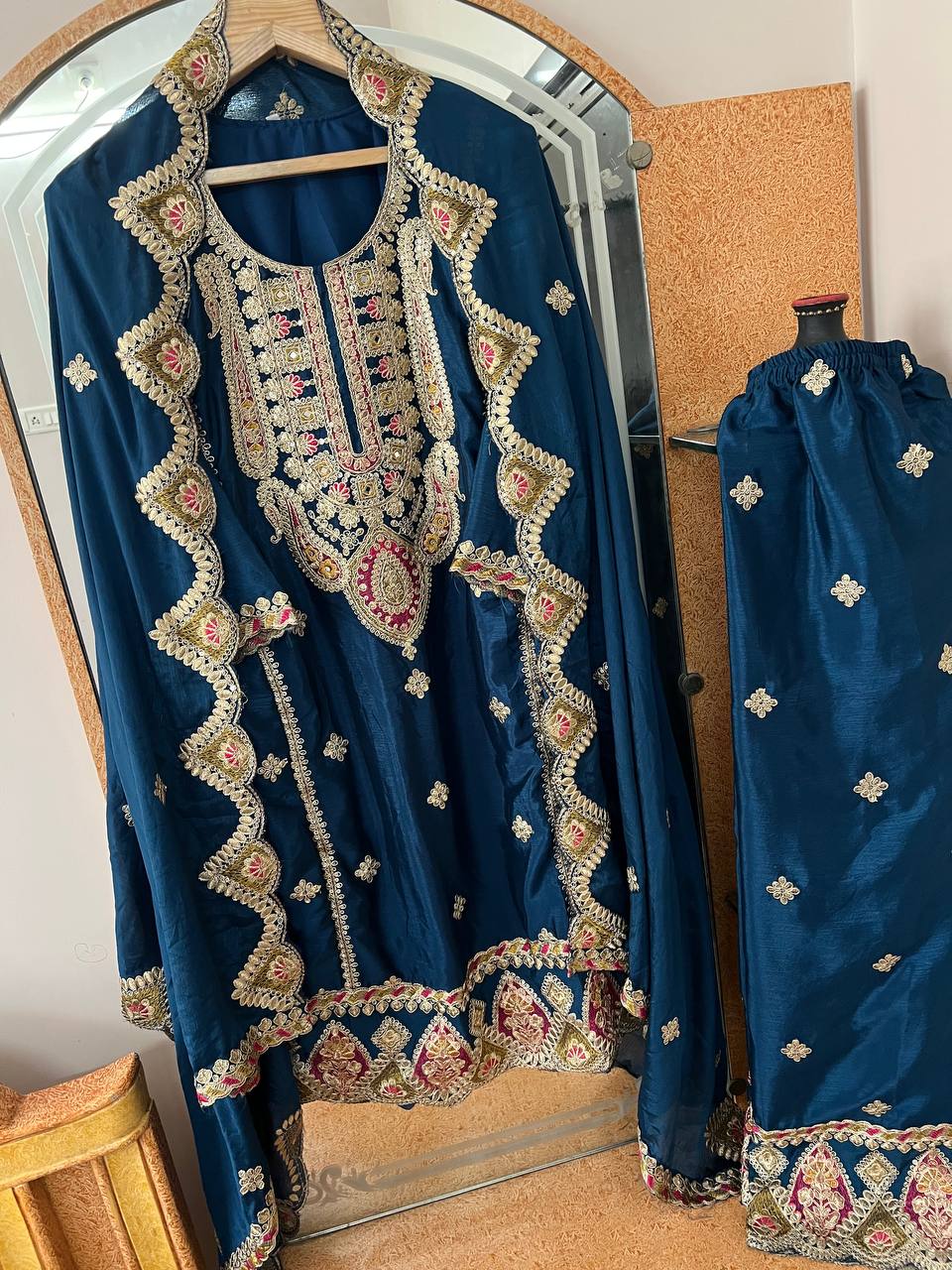 Heavy Pure Chinon Silk Embroidered Kurti Pant Set with Dupatta (Fully Stitched | Real Mirror & Sequin Work)