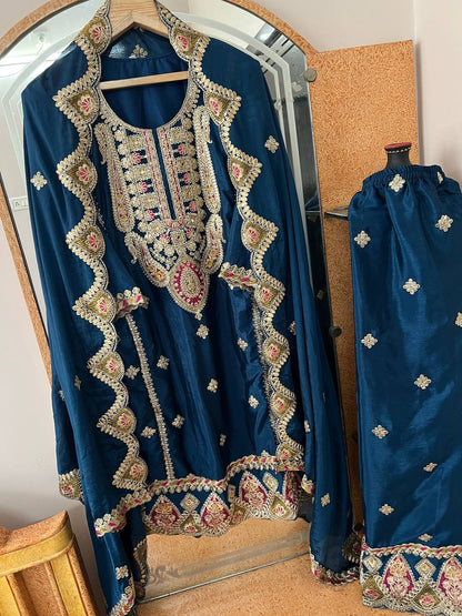 Heavy Pure Chinon Silk Embroidered Kurti Pant Set with Dupatta (Fully Stitched | Real Mirror & Sequin Work)