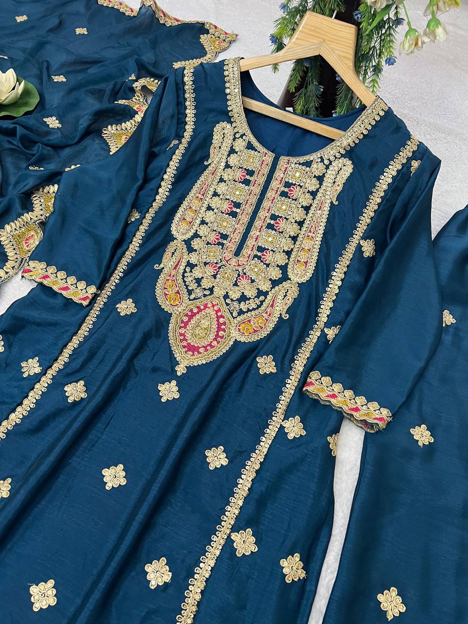 Heavy Pure Chinon Silk Embroidered Kurti Pant Set with Dupatta (Fully Stitched | Real Mirror & Sequin Work)