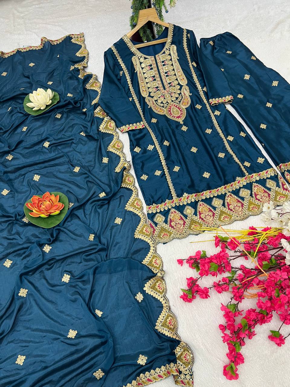 Heavy Pure Chinon Silk Embroidered Kurti Pant Set with Dupatta (Fully Stitched | Real Mirror & Sequin Work)