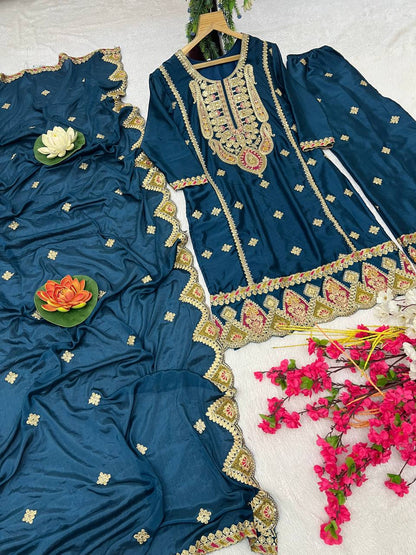 Heavy Pure Chinon Silk Embroidered Kurti Pant Set with Dupatta (Fully Stitched | Real Mirror & Sequin Work)