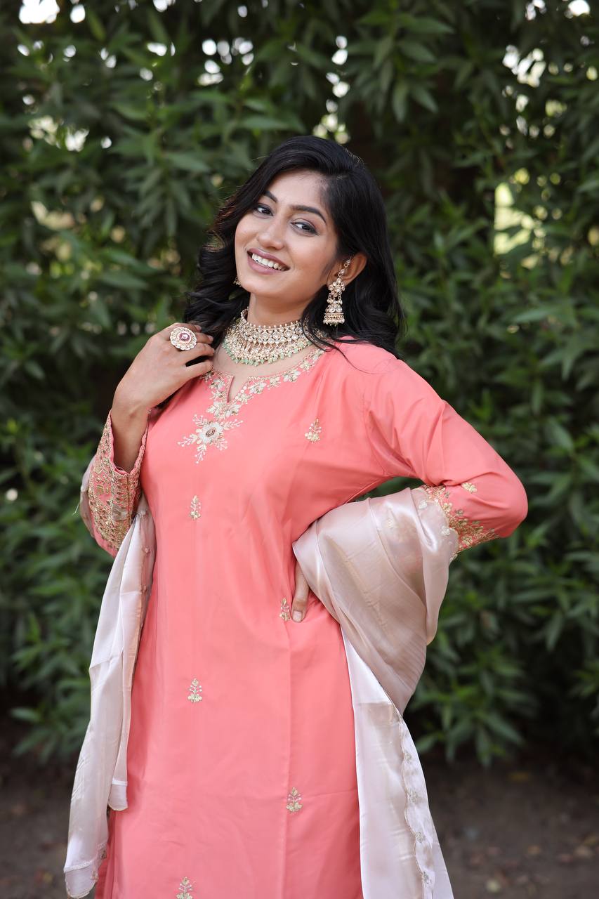 Natural Silk Kurti & Dhoti Set with Jimmy Choo Silk Dupatta & Sequin Embroidery