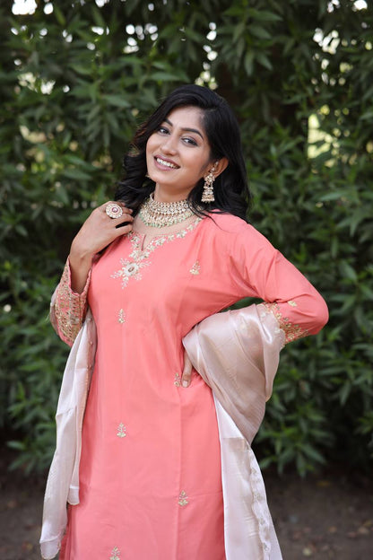 Natural Silk Kurti & Dhoti Set with Jimmy Choo Silk Dupatta & Sequin Embroidery