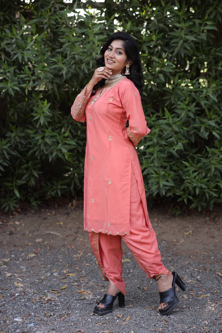 Natural Silk Kurti & Dhoti Set with Jimmy Choo Silk Dupatta & Sequin Embroidery