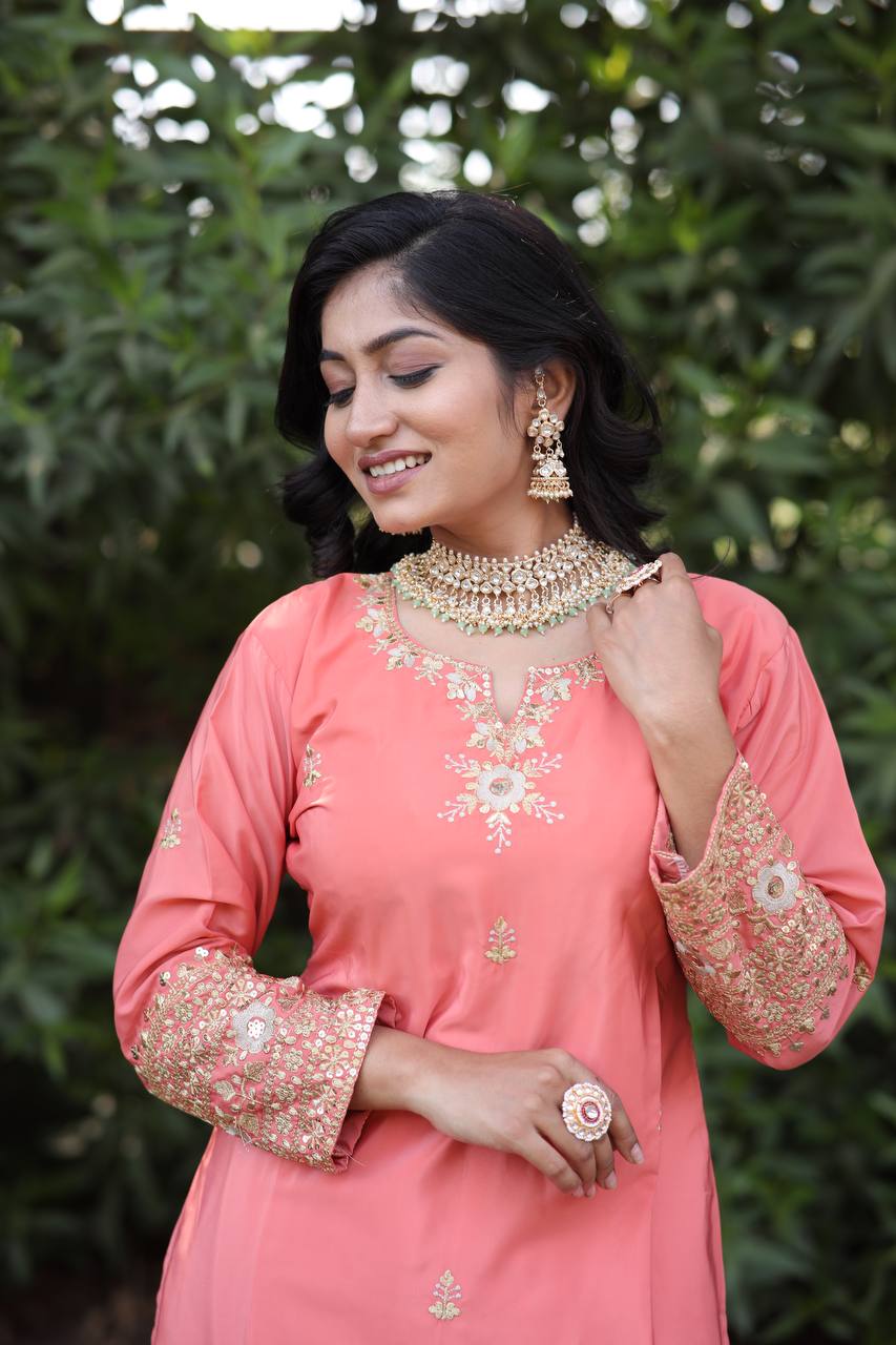 Natural Silk Kurti & Dhoti Set with Jimmy Choo Silk Dupatta & Sequin Embroidery