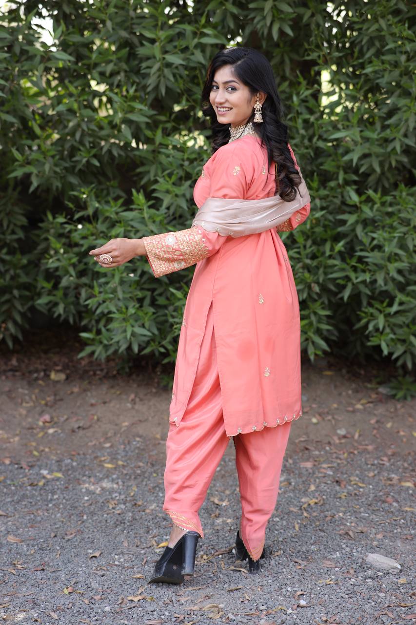 Natural Silk Kurti & Dhoti Set with Jimmy Choo Silk Dupatta & Sequin Embroidery