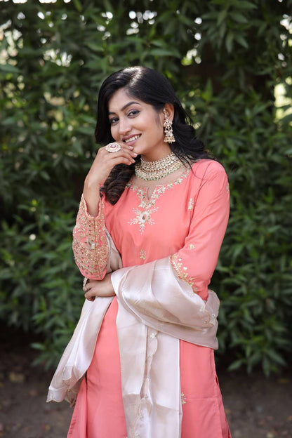 Natural Silk Kurti & Dhoti Set with Jimmy Choo Silk Dupatta & Sequin Embroidery