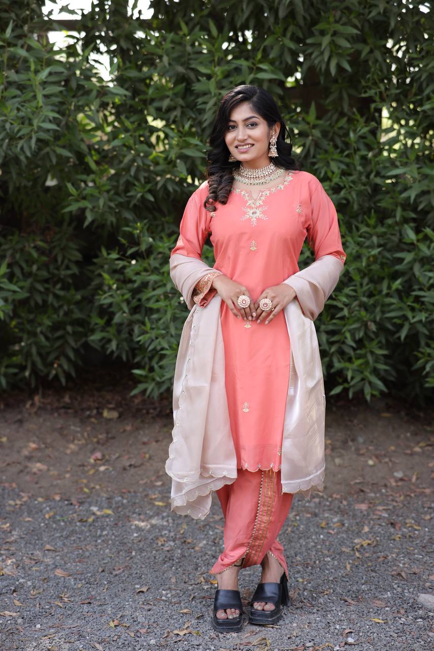 Natural Silk Kurti & Dhoti Set with Jimmy Choo Silk Dupatta & Sequin Embroidery