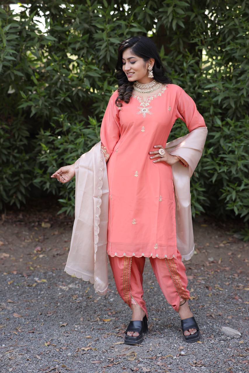 Natural Silk Kurti & Dhoti Set with Jimmy Choo Silk Dupatta & Sequin Embroidery