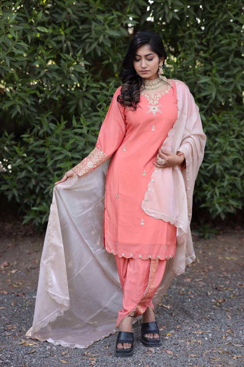 Natural Silk Kurti & Dhoti Set with Jimmy Choo Silk Dupatta & Sequin Embroidery