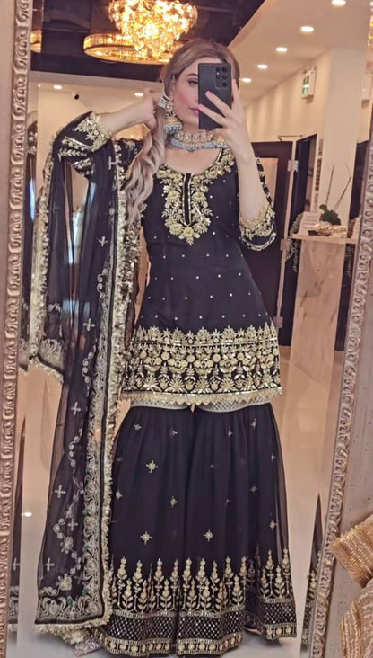 Women’s Heavy Faux Georgette Sharara Set with Dupatta | Sequence & Moti Embroidery Work | Fully Stitched Top and Palazzo | Festive & Wedding Wear