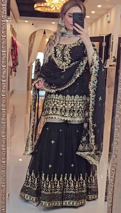 Women’s Heavy Faux Georgette Sharara Set with Dupatta | Sequence & Moti Embroidery Work | Fully Stitched Top and Palazzo | Festive & Wedding Wear