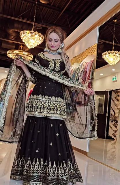 Women’s Heavy Faux Georgette Sharara Set with Dupatta | Sequence & Moti Embroidery Work | Fully Stitched Top and Palazzo | Festive & Wedding Wear