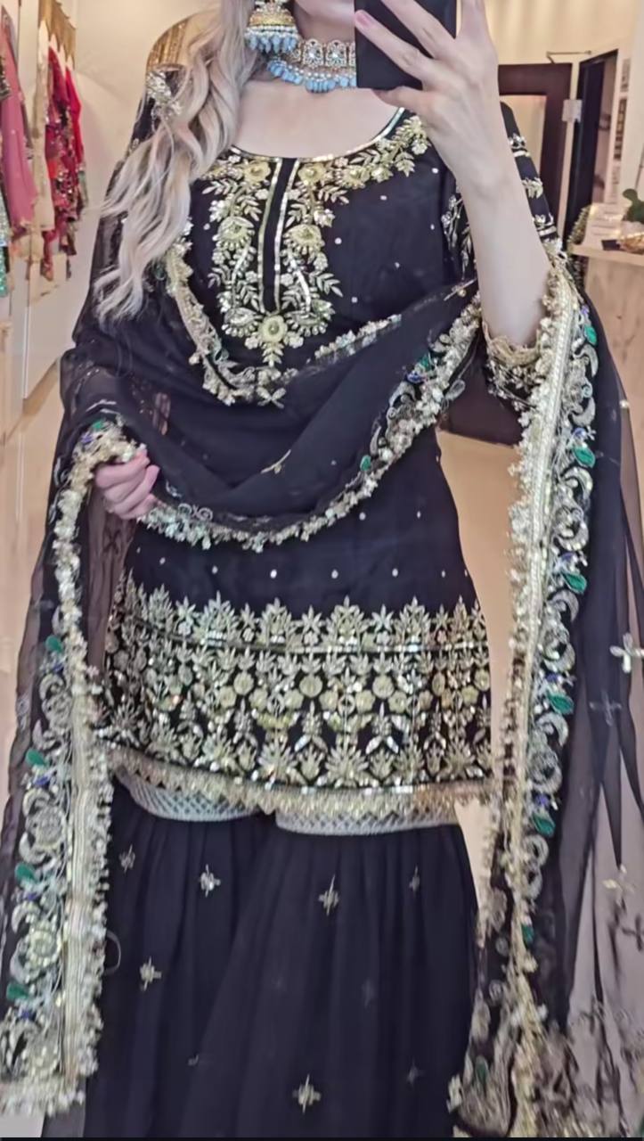 Women’s Heavy Faux Georgette Sharara Set with Dupatta | Sequence & Moti Embroidery Work | Fully Stitched Top and Palazzo | Festive & Wedding Wear