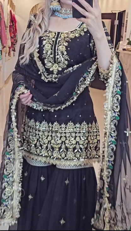Women’s Heavy Faux Georgette Sharara Set with Dupatta | Sequence & Moti Embroidery Work | Fully Stitched Top and Palazzo | Festive & Wedding Wear