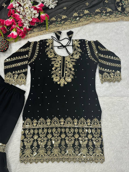 Women’s Heavy Faux Georgette Sharara Set with Dupatta | Sequence & Moti Embroidery Work | Fully Stitched Top and Palazzo | Festive & Wedding Wear
