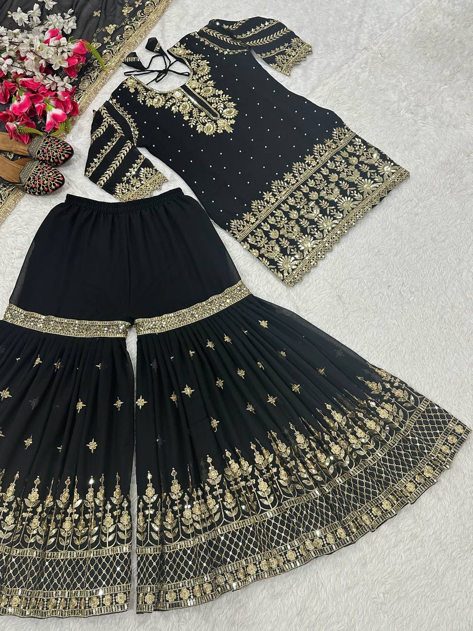 Women’s Heavy Faux Georgette Sharara Set with Dupatta | Sequence & Moti Embroidery Work | Fully Stitched Top and Palazzo | Festive & Wedding Wear