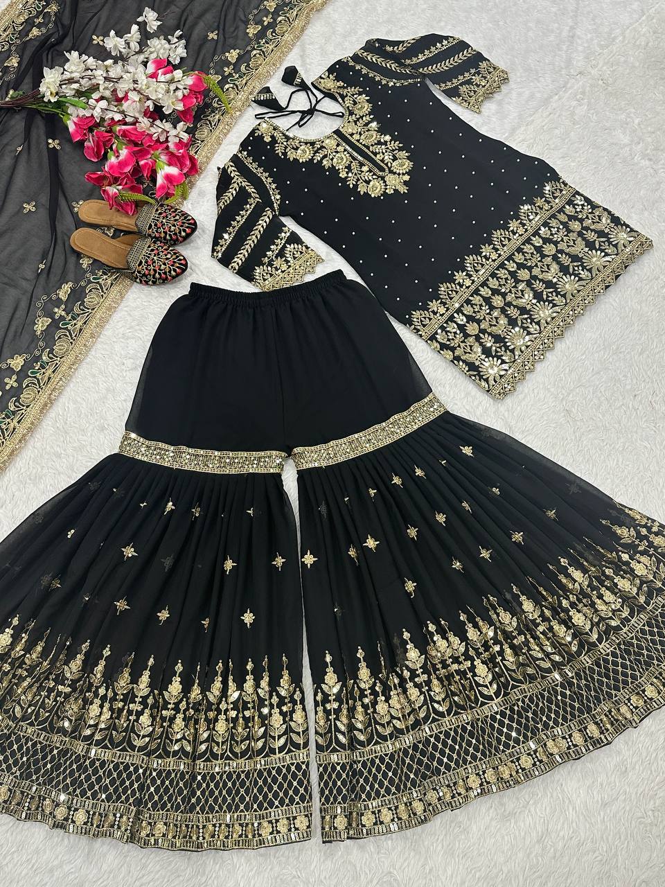 Women’s Heavy Faux Georgette Sharara Set with Dupatta | Sequence & Moti Embroidery Work | Fully Stitched Top and Palazzo | Festive & Wedding Wear