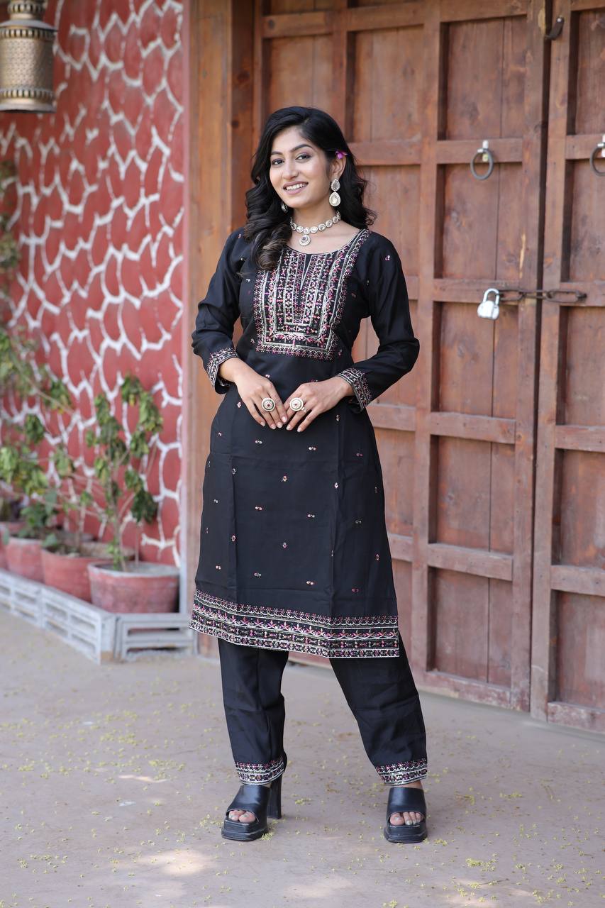 Cambric Cotton Kurti & Pant Set with Multi-Sequin Embroidery – 2-Piece Pair