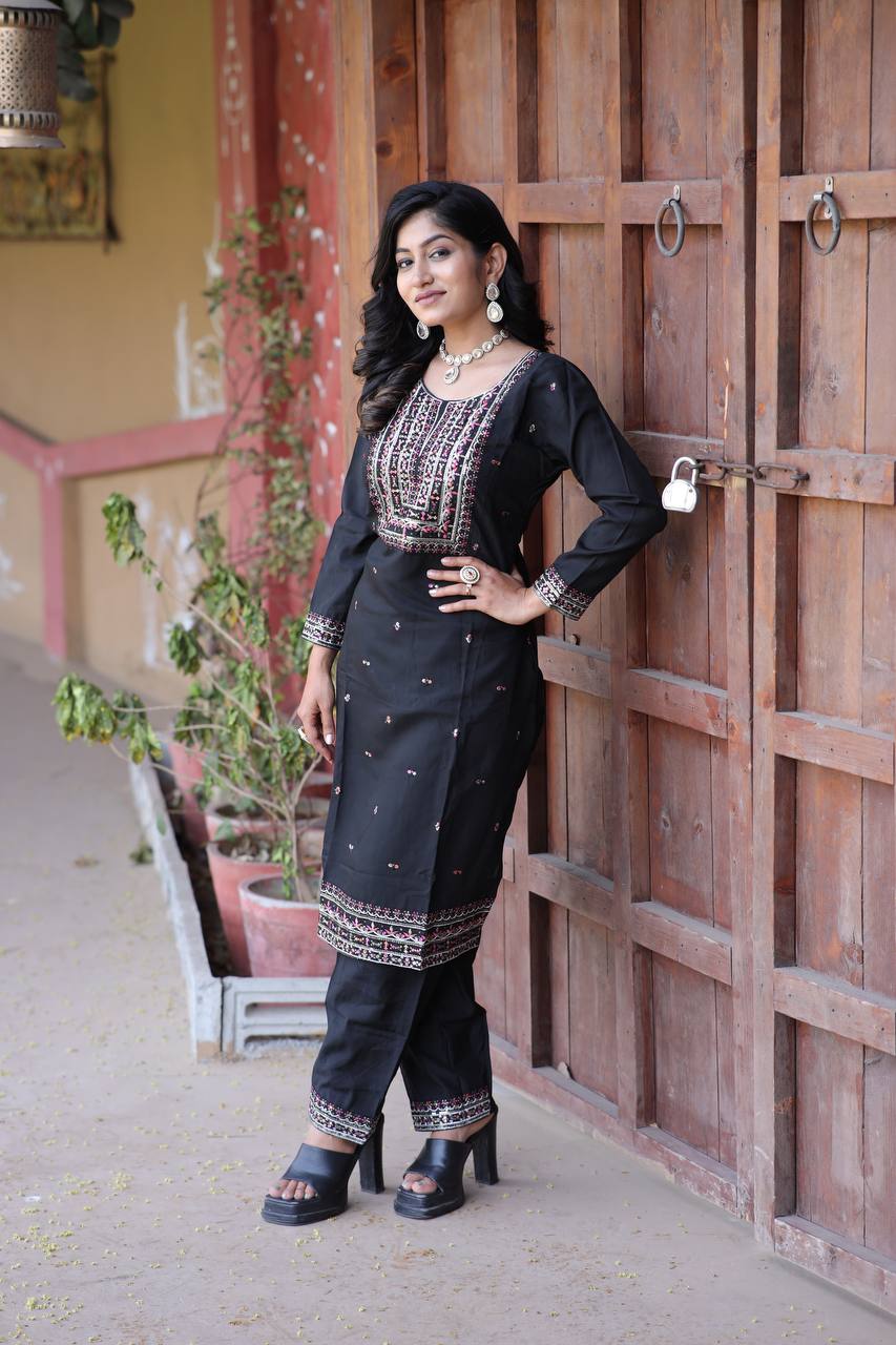 Cambric Cotton Kurti & Pant Set with Multi-Sequin Embroidery – 2-Piece Pair