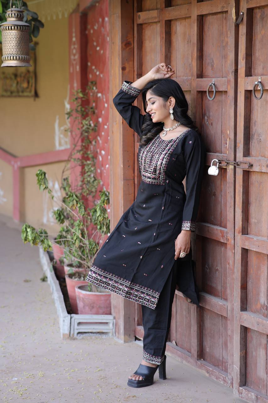 Cambric Cotton Kurti & Pant Set with Multi-Sequin Embroidery – 2-Piece Pair