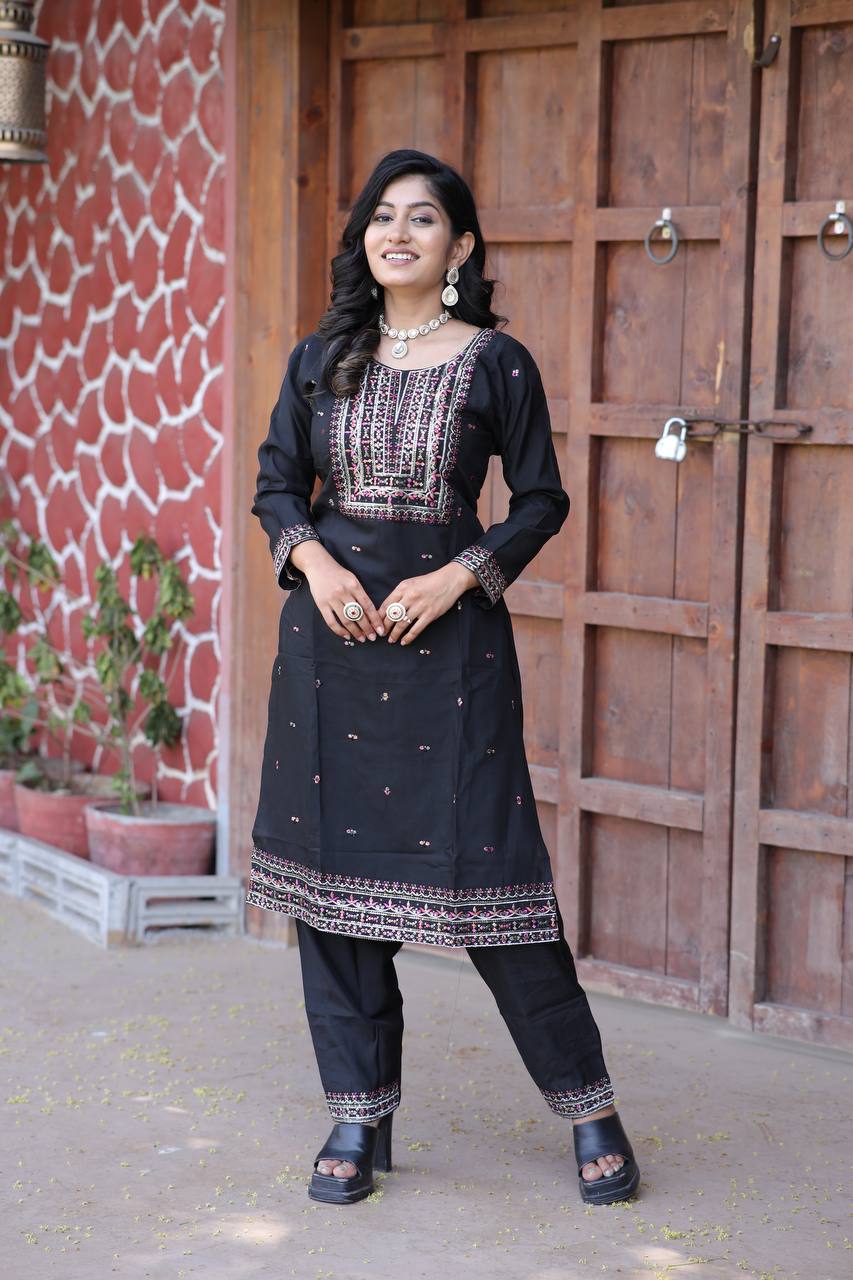 Cambric Cotton Kurti & Pant Set with Multi-Sequin Embroidery – 2-Piece Pair
