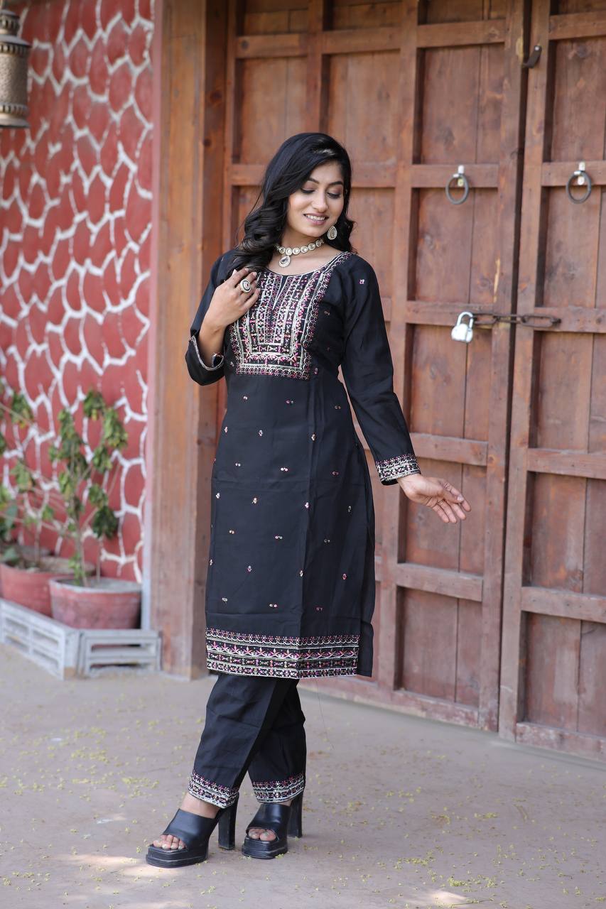 Cambric Cotton Kurti & Pant Set with Multi-Sequin Embroidery – 2-Piece Pair