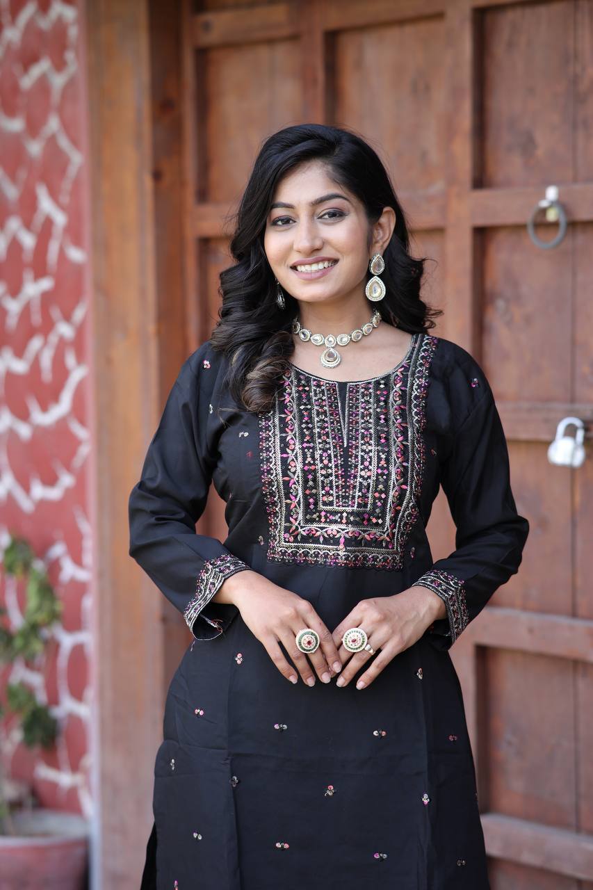 Cambric Cotton Kurti & Pant Set with Multi-Sequin Embroidery – 2-Piece Pair