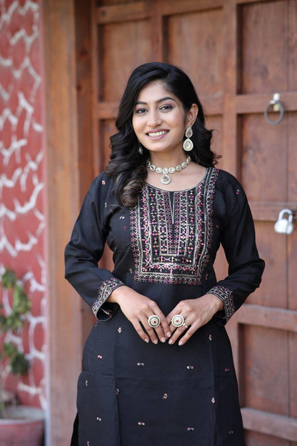 Cambric Cotton Kurti & Pant Set with Multi-Sequin Embroidery – 2-Piece Pair