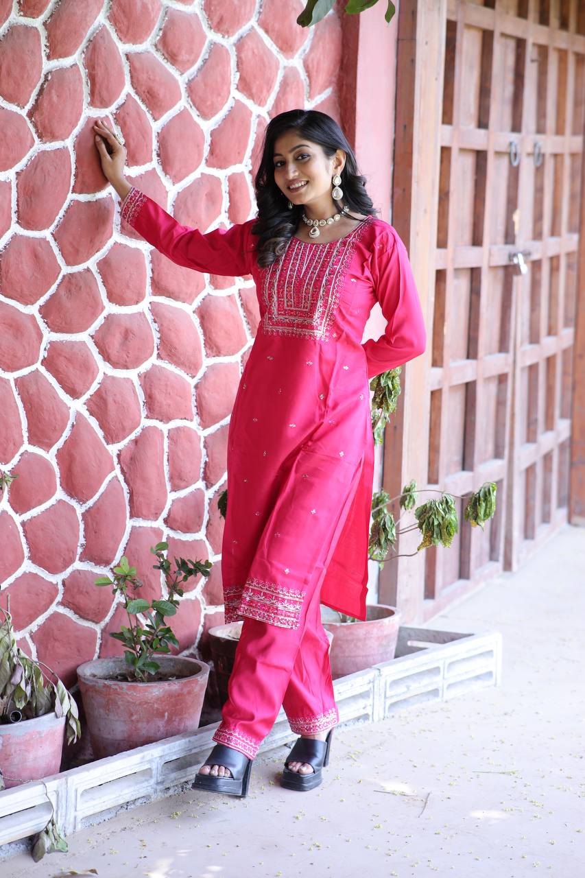 Cambric Cotton Kurti & Pant Set with Multi-Sequin Embroidery – 2-Piece Pair