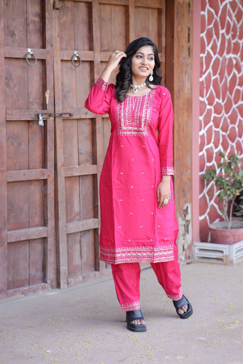 Cambric Cotton Kurti & Pant Set with Multi-Sequin Embroidery – 2-Piece Pair