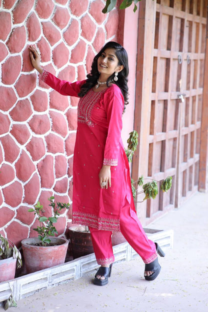 Cambric Cotton Kurti & Pant Set with Multi-Sequin Embroidery – 2-Piece Pair