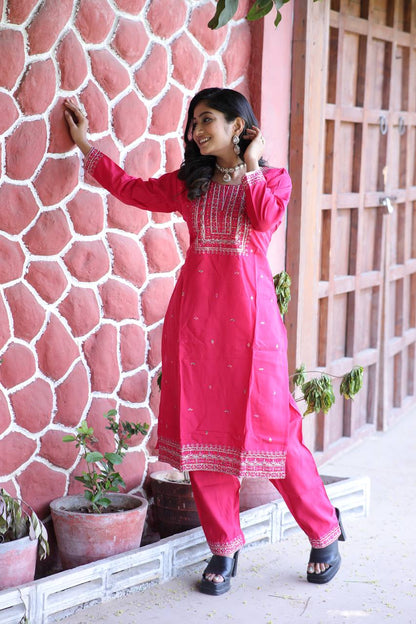 Cambric Cotton Kurti & Pant Set with Multi-Sequin Embroidery – 2-Piece Pair