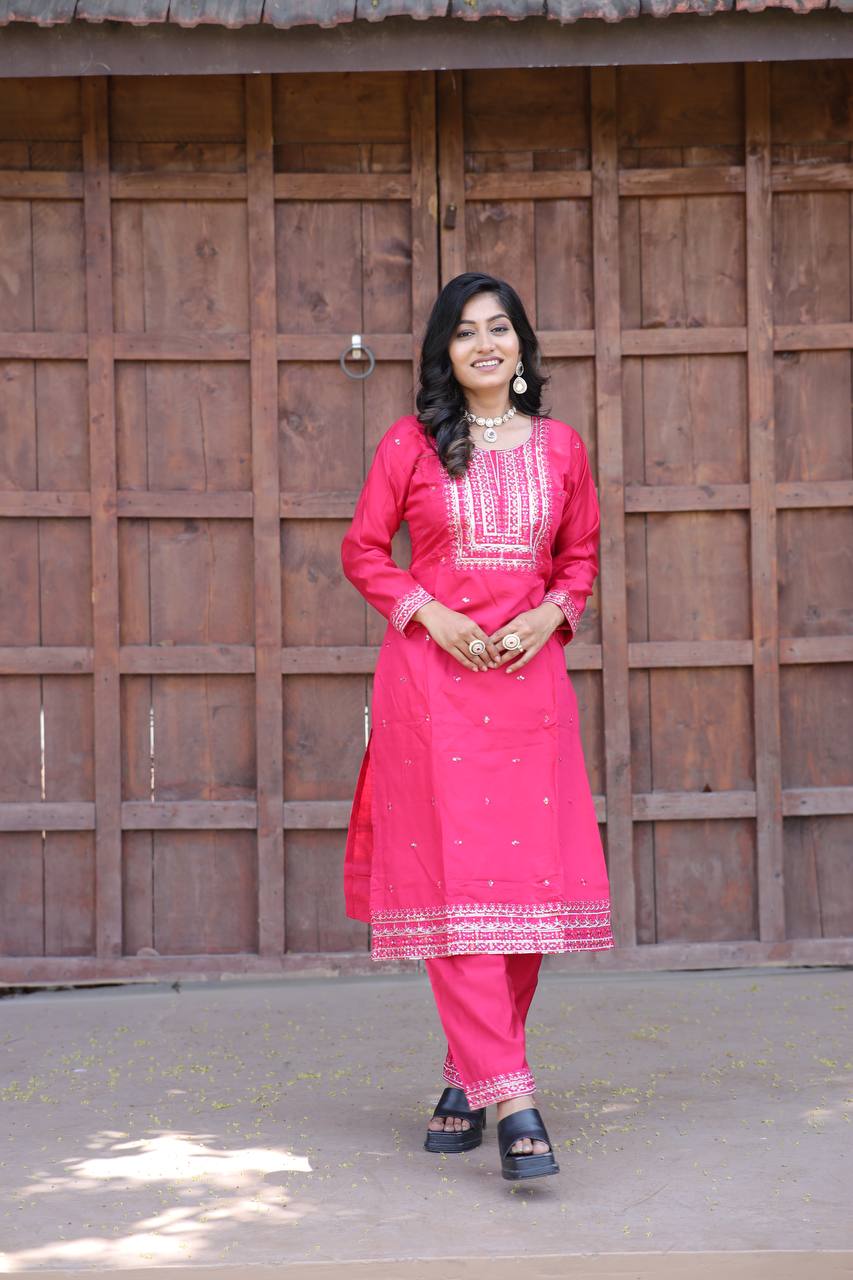 Cambric Cotton Kurti & Pant Set with Multi-Sequin Embroidery – 2-Piece Pair