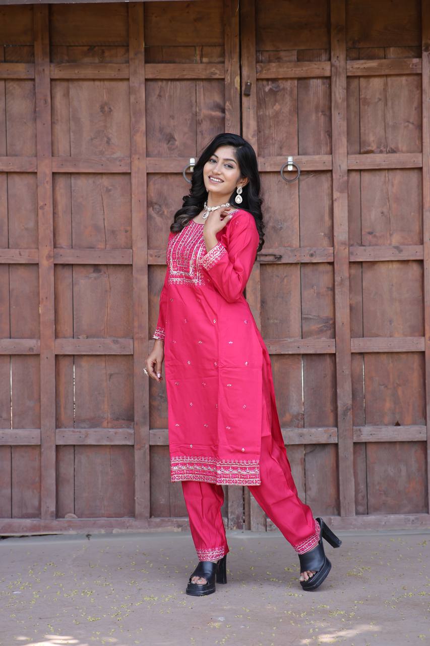 Cambric Cotton Kurti & Pant Set with Multi-Sequin Embroidery – 2-Piece Pair