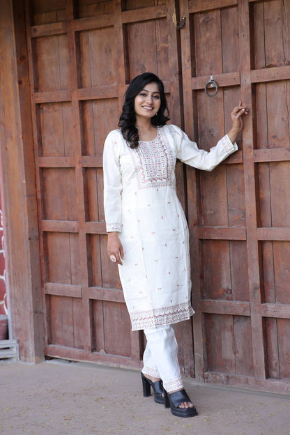 Cambric Cotton Kurti & Pant Set with Multi-Sequin Embroidery – 2-Piece Pair