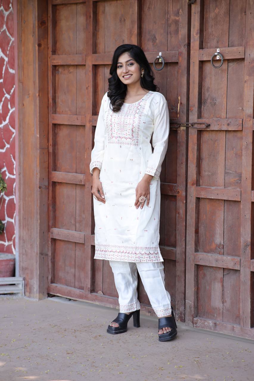 Cambric Cotton Kurti & Pant Set with Multi-Sequin Embroidery – 2-Piece Pair