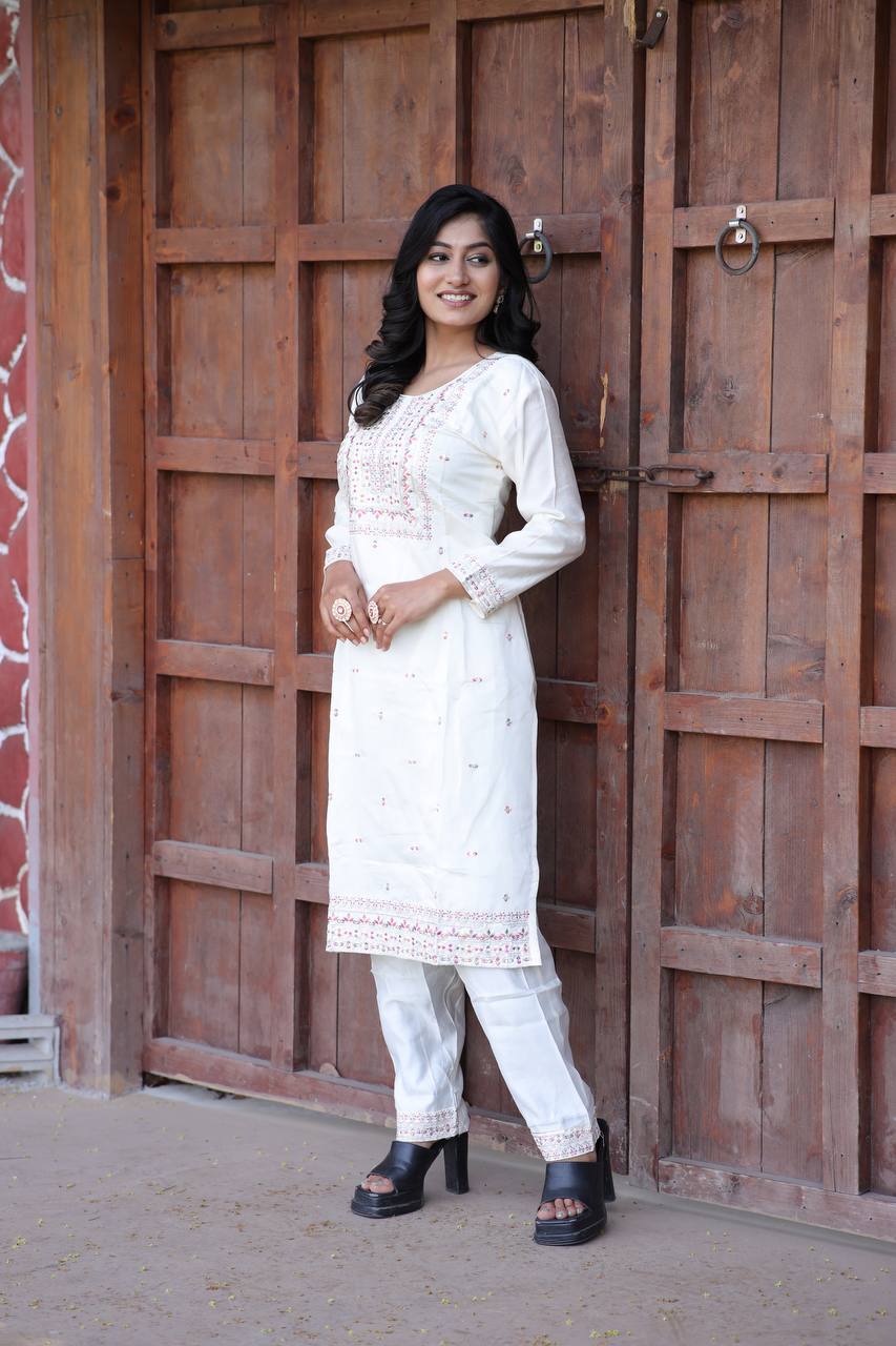 Cambric Cotton Kurti & Pant Set with Multi-Sequin Embroidery – 2-Piece Pair